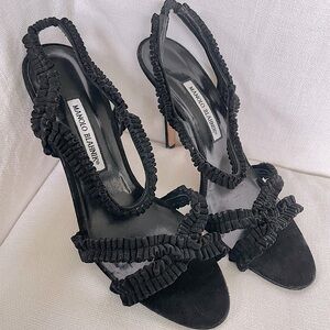 Manolo Blahnik black suede ruched strappy stiletto sandals, never worn, size 42